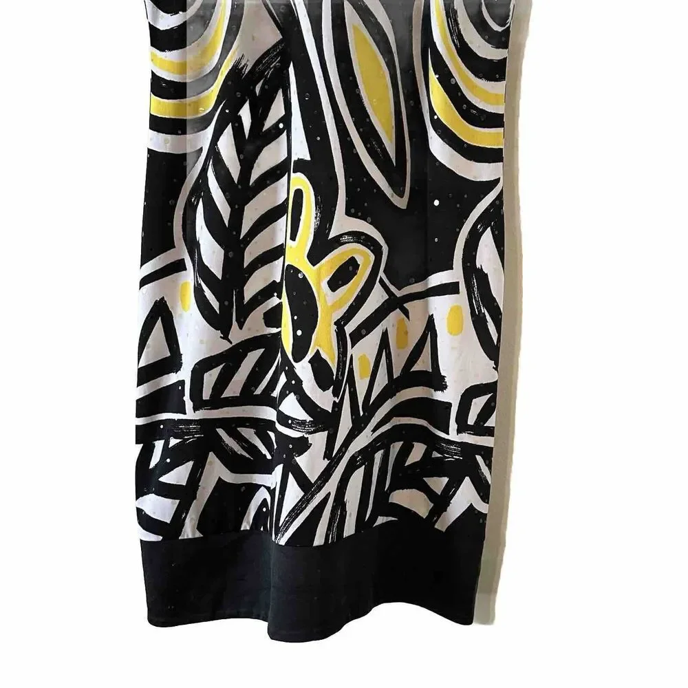 Cache Black White Yellow Leaf Short Sheath Lined Dress Sequin Size 4 *READ* - Picture 3 of 12